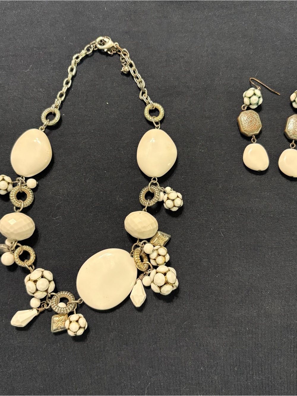 Vintage 1980s White Statement Necklace Earrings Set Chunky Beaded Mixed Metal
